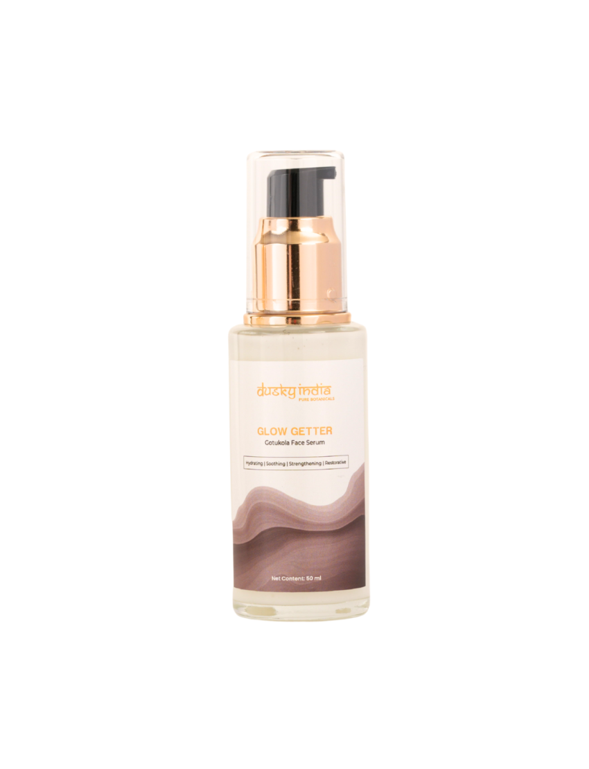 Glow Getter -Gotukola Face Serum in a glass bottle with a pump dispenser for easy application.