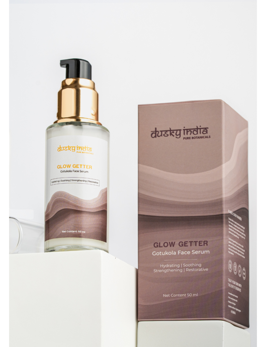 Glow Getter -Gotukola Face Serum bottle with packaging, promoting hydration and skin restoration.